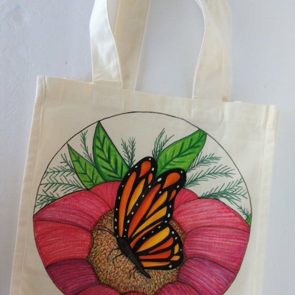 Handmade Reusable Tote Bag With Hand Painted Monarch Butterfly on a Pink Flower - Picture 2 of 16